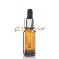 10 ML YAĞ ŞİŞESİ AMBER RENK BOŞ DAMLALIKLI SİYAH LASTİK GÜMÜŞ METAL KAPAK