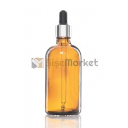 100 ML ESANS ŞİŞESİ CAM ŞİŞE AMBER RENK BOŞ DAMLALIKLI SİYAH LASTİK GÜMÜŞ METAL KAPAK 