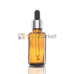 20 ML YAĞ ŞİŞESİ AMBER RENK BOŞ DAMLALIKLI SİYAH LASTİK GÜMÜŞ METAL KAPAK