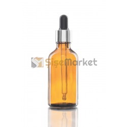 50 ML TOPTAN CAM ŞİŞE AMBER RENK BOŞ DAMLALIKLI SİYAH LASTİK GÜMÜŞ METAL KAPAK