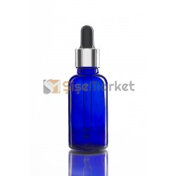30 ML KİMYASAL ŞİŞESİ MAVİ RENK BOŞ DAMLALIKLI SİYAH LASTİK GÜMÜŞ METAL KAPAK