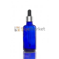 50 ML SAC SERUM ŞİŞESİ MAVİ RENK BOŞ DAMLALIKLI SİYAH LASTİK GÜMÜŞ METAL KAPAK