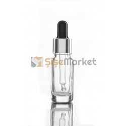 10 ML DAMLALIKLI ŞİŞE CAM ŞİŞE ŞEFFAF RENK BOŞ DAMLALIKLI SİYAH LASTİK GÜMÜŞ METAL KAPAK