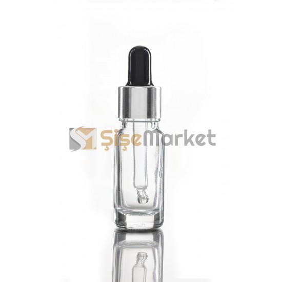 10 ML BOYA ŞİŞESİ CAM ŞİŞE ŞEFFAF RENK BOŞ DAMLALIKLI SİYAH LASTİK GÜMÜŞ METAL KAPAK