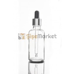 50 ML SAC SERUM ŞİŞESİ ŞEFFAF RENK BOŞ DAMLALIKLI SİYAH LASTİK GÜMÜŞ METAL KAPAK