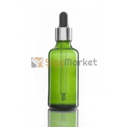 50 ML SAC SERUM ŞİŞESİ YEŞİL RENK BOŞ DAMLALIKLI SİYAH LASTİK GÜMÜŞ METAL KAPAK