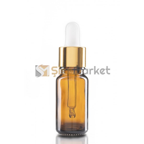 10 ML TOPTAN CAM ŞİŞE AMBER RENK BOŞ DAMLALIKLI BEYAZ LASTİK GOLD METAL KAPAK