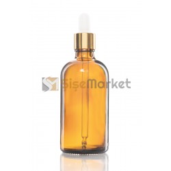 100 ML TOPTAN CAM ŞİŞE AMBER RENK BOŞ DAMLALIKLI BEYAZ LASTİK GOLD METAL KAPAK