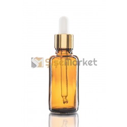 20 ML YAĞ ŞİŞESİ AMBER RENK BOŞ DAMLALIKLI BEYAZ LASTİK GOLD METAL KAPAK