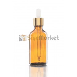 50 ML TOPTAN CAM ŞİŞE AMBER RENK BOŞ DAMLALIKLI BEYAZ LASTİK GOLD METAL KAPAK