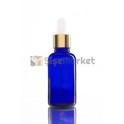 30 ML KİMYASAL ŞİŞESİ MAVİ RENK BOŞ DAMLALIKLI BEYAZ LASTİK GOLD METAL KAPAK