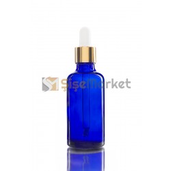 50 ML TOPTAN CAM ŞİŞE MAVİ RENK BOŞ DAMLALIKLI BEYAZ LASTİK GOLD METAL KAPAK