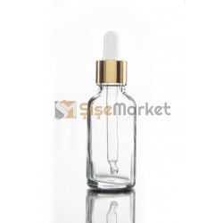 30 ML KİMYASAL ŞİŞESİ ŞEFFAF RENK BOŞ DAMLALIKLI BEYAZ LASTİK GOLD METAL KAPAK