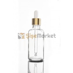 50 ML LİKİT ŞİŞESİ CAM ŞİŞE ŞEFFAF RENK BOŞ DAMLALIKLI BEYAZ LASTİK GOLD METAL KAPAK