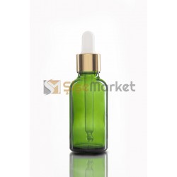 30 ML YAĞ ŞİŞESİ YEŞİL RENK BOŞ DAMLALIKLI BEYAZ LASTİK GOLD METAL KAPAK