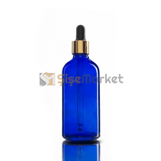 100 CC DAMLALIKLI ŞİŞE CAM ŞİŞE MAVİ RENK BOŞ DAMLALIKLI SİYAH LASTİK GOLD METAL KAPAK 100 CC DAMLALIKLI ŞİŞE CAM ŞİŞE MAVİ RENK BOŞ DAMLALIKLI SİYAH LASTİK GOLD METAL KAPAK