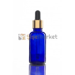 30 ML KİMYASAL ŞİŞESİ MAVİ RENK BOŞ DAMLALIKLI SİYAH LASTİK GOLD METAL KAPAK