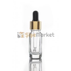 10 ML CİLT BAKIM ŞİŞESİ ŞEFFAF RENK BOŞ DAMLALIKLI SİYAH LASTİK GOLD METAL KAPAK