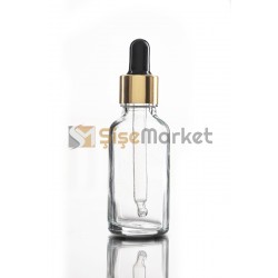 30 ML KİMYASAL ŞİŞESİ ŞEFFAF RENK BOŞ DAMLALIKLI SİYAH LASTİK GOLD METAL KAPAK