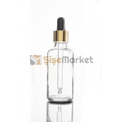 50 ML SAC SERUM ŞİŞESİ ŞEFFAF RENK BOŞ DAMLALIKLI SİYAH LASTİK GOLD METAL KAPAK