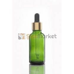 30 ML TOPTAN CAM ŞİŞE YEŞİL RENK BOŞ DAMLALIKLI SİYAH LASTİK GOLD METAL KAPAK