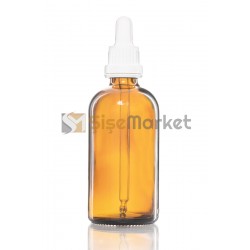 100 ML TOPTAN CAM ŞİŞE AMBER RENK BOŞ DAMLALIKLI BEYAZ LASTİK BEYAZ PLASTİK KİLİTLİ DELİKLİ KAPAK