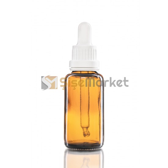 30 ML TOPTAN CAM ŞİŞE AMBER RENK BOŞ DAMLALIKLI BEYAZ LASTİK BEYAZ PLASTİK KİLİTLİ DELİKLİ KAPAK