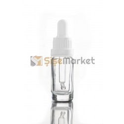 10 ML CİLT BAKIM ŞİŞESİ ŞEFFAF RENK BOŞ DAMLALIKLI BEYAZ LASTİK SİYAH PLASTİK KİLİTLİ DELİKLİ KAPAK