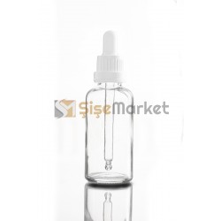 50 ML SAC SERUM ŞİŞESİ ŞEFFAF RENK BOŞ DAMLALIKLI BEYAZ LASTİK SİYAH PLASTİK KİLİTLİ DELİKLİ KAPAK