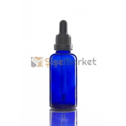 50 ML SAC SERUM ŞİŞESİ MAVİ RENK BOŞ DAMLALIKLI SİYAH LASTİK SİYAH PLASTİK KİLİTLİ DELİKLİ KAPAK