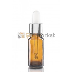 10 ML YAĞ ŞİŞESİ AMBER RENK BOŞ DAMLALIKLI BEYAZ LASTİK GÜMÜŞ METAL KAPAK