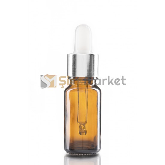 10 ML TOPTAN CAM ŞİŞE AMBER RENK BOŞ DAMLALIKLI BEYAZ LASTİK GÜMÜŞ METAL KAPAK