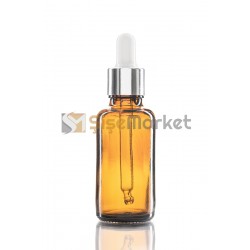 20 ML TOPTAN CAM ŞİŞE AMBER RENK BOŞ DAMLALIKLI BEYAZ LASTİK GÜMÜŞ METAL KAPAK