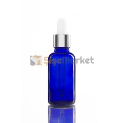 30 ML KİMYASAL ŞİŞESİ MAVİ RENK BOŞ DAMLALIKLI BEYAZ LASTİK GÜMÜŞ METAL KAPAK