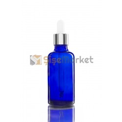 50 ML SAC SERUM ŞİŞESİ MAVİ RENK BOŞ DAMLALIKLI BEYAZ LASTİK GÜMÜŞ METAL KAPAK