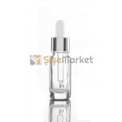 10 ML CİLT BAKIM ŞİŞESİ ŞEFFAF RENK BOŞ DAMLALIKLI BEYAZ LASTİK GÜMÜŞ METAL KAPAK