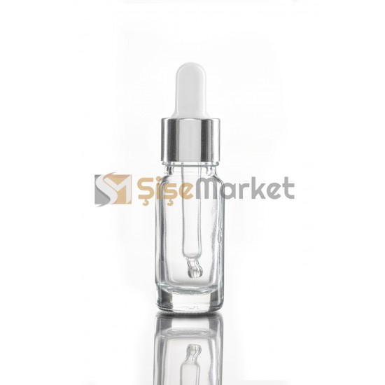 10 ML BOYA ŞİŞESİ CAM ŞİŞE ŞEFFAF RENK BOŞ DAMLALIKLI BEYAZ LASTİK GÜMÜŞ METAL KAPAK