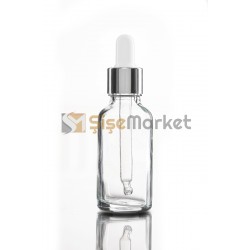 30 ML KİMYASAL ŞİŞESİ ŞEFFAF RENK BOŞ DAMLALIKLI BEYAZ LASTİK GÜMÜŞ METAL KAPAK