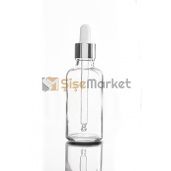 50 ML LİKİT ŞİŞESİ CAM ŞİŞE ŞEFFAF RENK BOŞ DAMLALIKLI BEYAZ LASTİK GÜMÜŞ METAL KAPAK