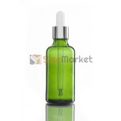 50 ML SAC SERUM ŞİŞESİ YEŞİL RENK BOŞ DAMLALIKLI BEYAZ LASTİK GÜMÜŞ METAL KAPAK